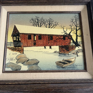 Vintage H Hargrove Signed Canvas Oil Painting Covered Bridge Americana Framed